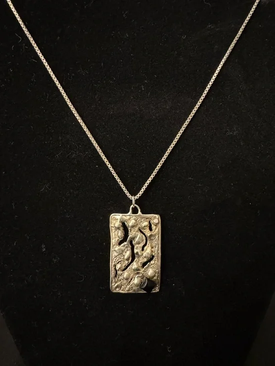 Sterling Silver Textured Rectangle Pendant Necklace with Onyx - Brutalist 24”